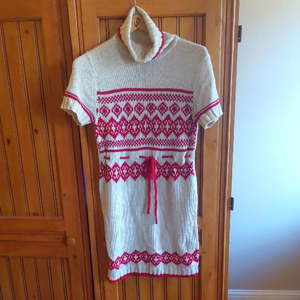 Red and Tan Patterned Women's Sweater Dress